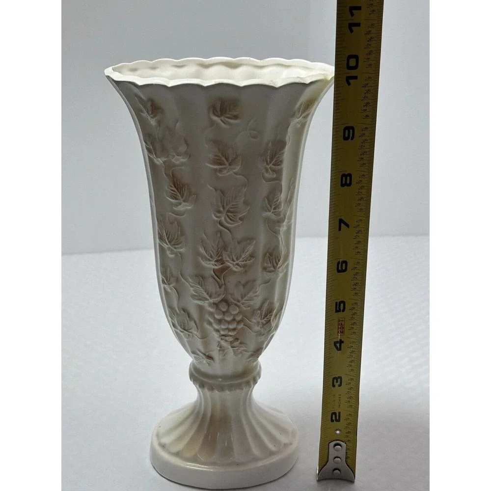 Pottery Pedestal Vase, White‎ & Tan, Raised Embossed Grapes & Leaves, Scalloped